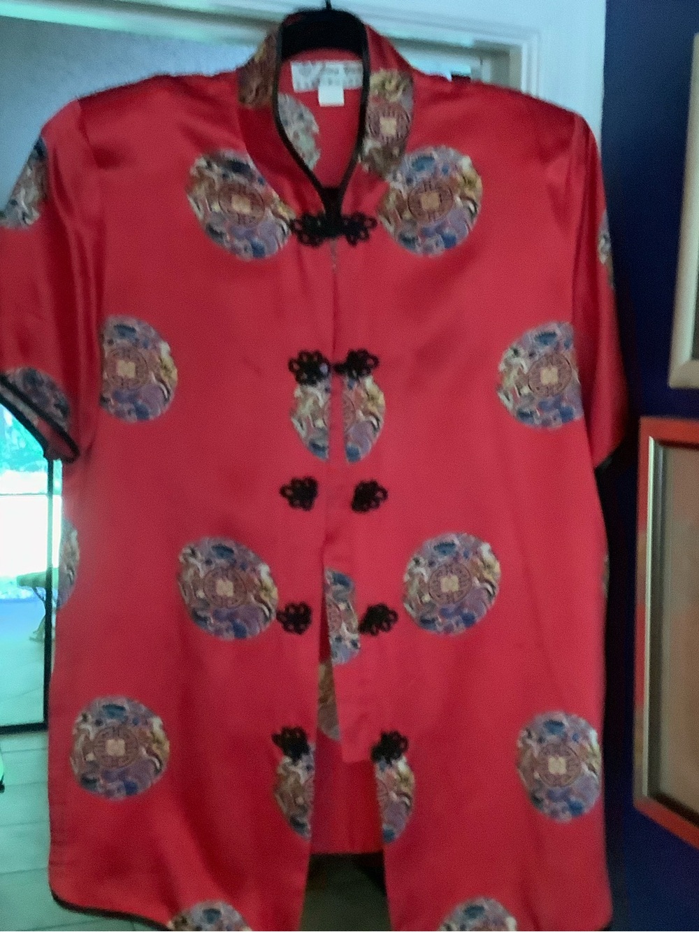 Ling Yun Red Silk Satin Mandarin Collar Tunic with Embroidered Medallions
